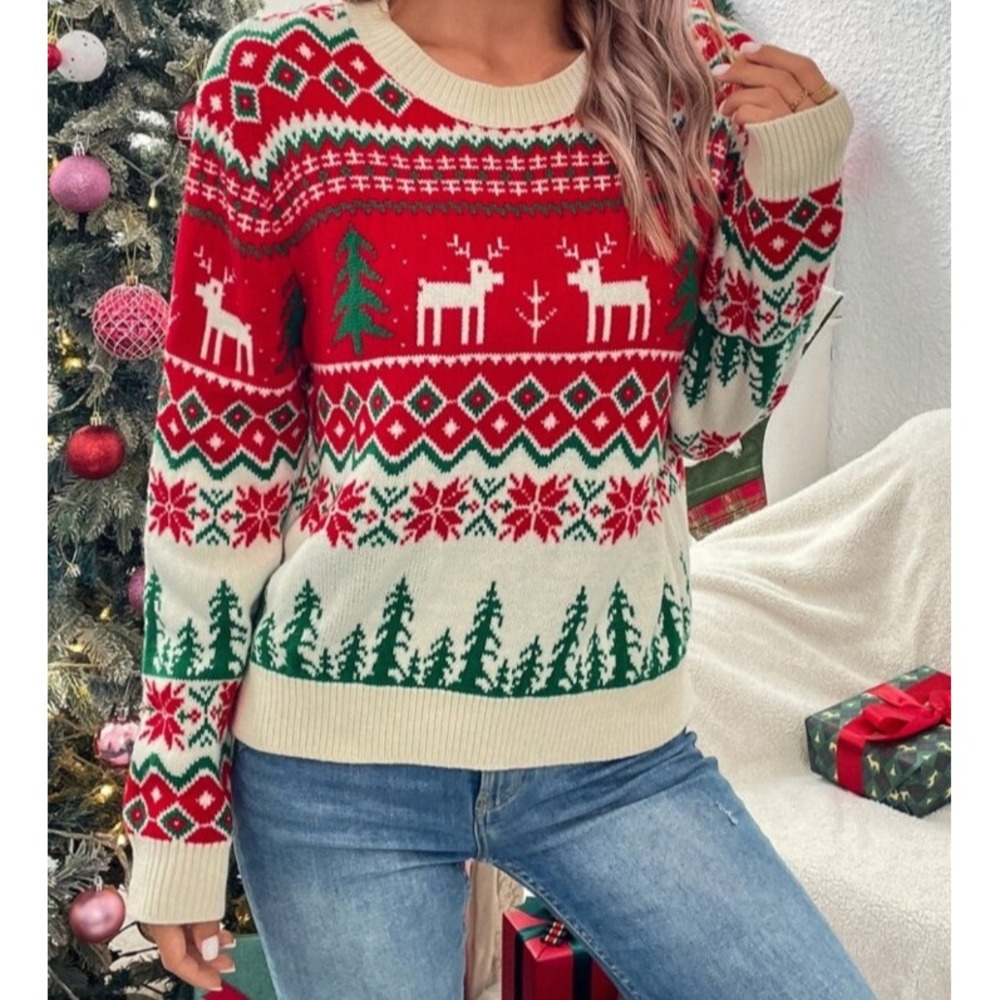 Shein Large Christmas Sweater Round Neck Large Red White Green Deer SKI Lodge